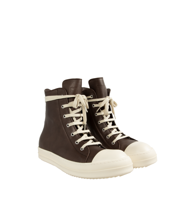 Image 2 of 5 - BROWN - Rick Owens High Sneakers featuring high-top buffed calfskin, calfskin cap toe, lace-up closure, zip closure at inner side, eyelets vents at inner side, buffed calfskin lining and treaded rubber sole. Calfskin. Sole: rubber. Made in Italy. 