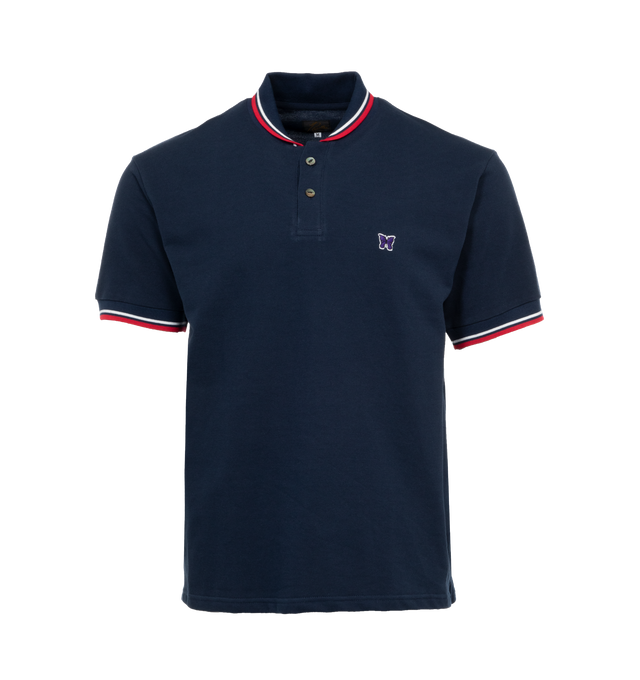 NAVY - NEEDLES Shawl Collar Polo featuring rib knit shawl collar and cuffs, two-button placket, embroidered logo patch at chest, vented side seams and mother-of-pearl hardware. 100% cotton. Made in Japan.