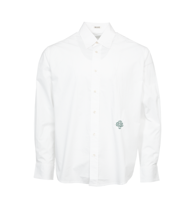 WHITE - BODE Monogrammed Poplin Shirt featuring pointed collar, Bode monogram in forest green, long sleeves and button front. 100% cotton. Made in India.