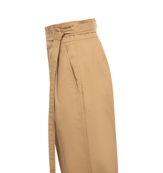 Image 3 of 3 - BROWN - Saint Laurent Paper Bag Pants are a high-waisted style with a wide leg and carrot fit, a front zip closure, a tie belt, side pockets, double pleats, and upturned cuffs. 100% cotton. Made in Italy.  