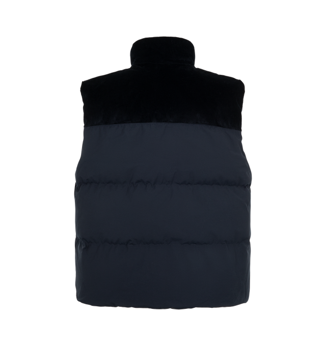 Image 3 of 3 - NAVY - Canada Goose Men's Sterling Corduroy Puffer Vest is crafted from signature Recycled Organic Arctic Tech with breathable Italian cotton corduroy at the shoulders and collar. Designed for temperatures from 41F to 23F, it features a concealed snap placket over a two-way zipper, an adjustable drawcord hem, two exterior snap-welt pockets, and two interior pockets. Main Material: 100% Cotton. Fill: 90% Down, 10% Feathers.  