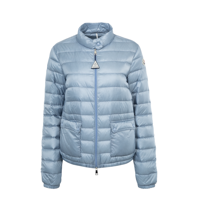 Image 1 of 2 - BLUE - MONCLER Lans Short Down Jacket featuring tech fabric with down fill, standup collar featuring snap buttons, zip-up closure, flap pockets and logo patch at sleeve. 100% polyamide/nylon. Padding: 90% down, 10% feather. Made in Armenia.