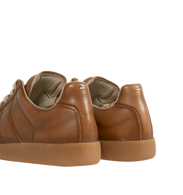 Image 3 of 5 - BROWN - MAISON MARGIELA Replica Sneaker featuring low-profile, rounded toe, lace up style, label with the "Replica" inscription on the tongue, smooth leather and rubber sole. 