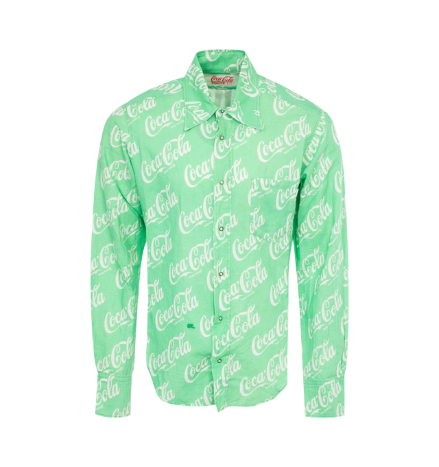 Image 1 of 2 - GREEN - ERL Printed Shirt featuring text printed throughout, spread collar, press-stud closure, patch pocket at chest, shirttail hem, press-stud barrel cuffs and inverted box pleat at back yoke. 50% cotton, 50% linen. Made in Portugal. 