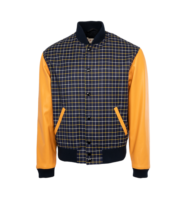 MULTI - MARNI Check Cotton Wool Jacket featuring college jacket with a regular fit, virgin wool body, lambskin leather sleeves, two side pockets, button placket, ribbed collar, cuffs and hem. 50% cotton, 50% virgin wool. Lining: 69% cotton, 31% polyamide. Made in Italy.