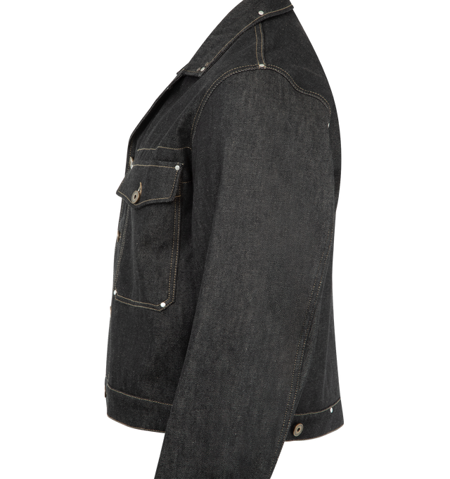 Image 3 of 3 - GREY - LEMAIRE Trucker Jacket with Studs in thick slate denim featuring straight cut, spread collar, button closure, long sleeves, buttoned cuffs, patch chest pockets with flaps, rivet details and LEMAIRE embossed leather patch at back. 100% cotton. Made in Italy. 