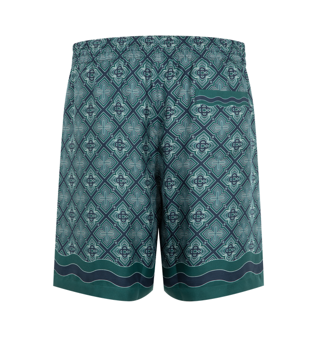 Image 2 of 3 - GREEN - Casablanca Men's Radiating Monogram Silk Shorts in relaxed design with an elasticised waistband with drawstring fastening, in-seam side pockets, a back pocket, and Memphis wave-inspired stripe detail on the hem and pocket. Designed to be worn with the coordinating silk shirt. 100% silk twill fabric. Made in Italy. 