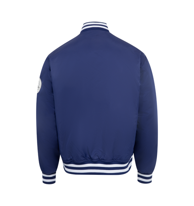 Image 2 of 3 - NAVY - Sinclair Global Script Satin Jacket  with snap-front closure, stripe rib trim at collar, waist and wrist and patch applique on front and sleeve. 