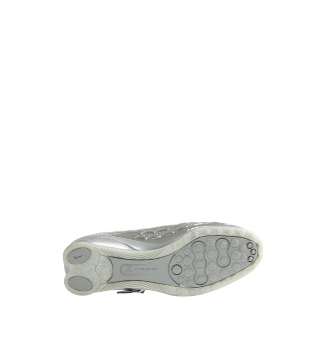 Image 4 of 5 - SILVER - Nike Womens Shox Z Calistra Shoe is a ballet-inspired flat on top of sleek sneaker-inspired heel cushioning. Designed with an adjustable midfoot strap, Nike Shox Z cushioning pillars, signature Nike and Shox branding, and durable rubber outsole. Upper: Synthetic Leather; Cushioning: Nike Shox Z; Outsole: Rubber. Imported 