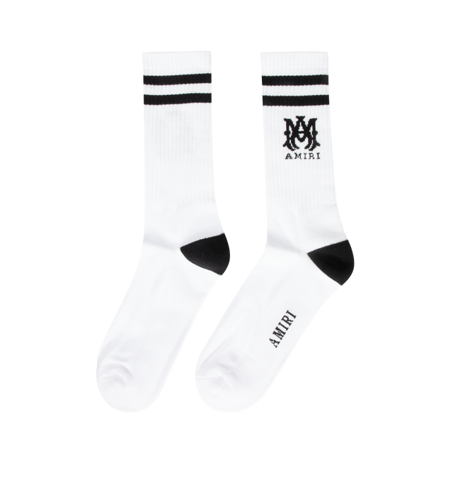 Image 2 of 2 - WHITE - AMIRI MA Core Logo Socks featuring calf-high knit stretch cotton-blend socks, jacquard stripes and logo at rib-knit cuffs and jacquard logo at sole. 78% cotton, 20% polyester, 2% elastane. 