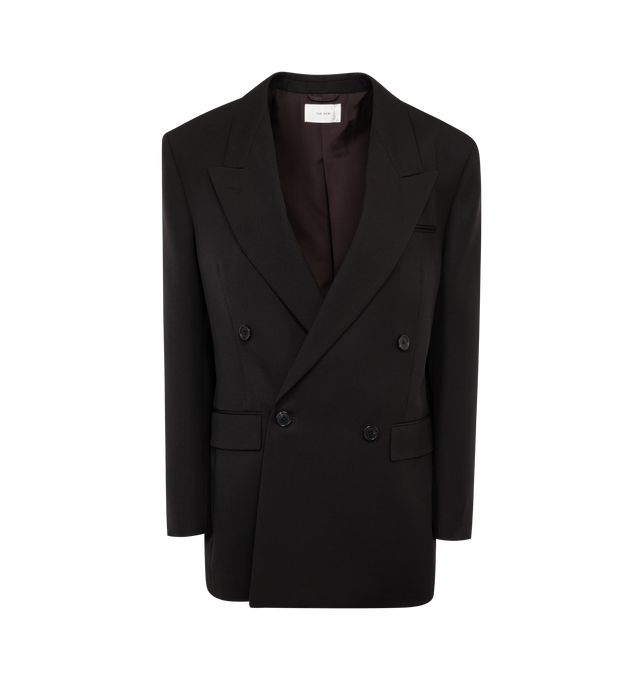 BROWN - THE ROW MYRIAM JACKET featuring tailored double-breasted blazer, peak lapel, besom chest pocket, and two front flap pockets. 100% wool. Fully lined in 100% silk. Made in Italy.