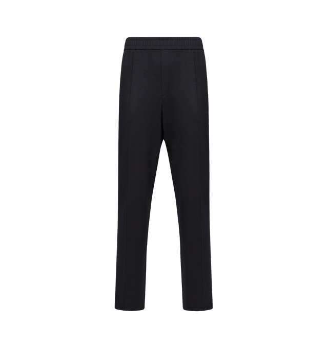 Image 1 of 1 - BLUE - Moncler Men's Flannel Pants are crafted from a polyester and wool blend flannel and feature a loose-fit silhouette, a drawstring waistband, and stitched crease detailing for a refined finish. Designed to balance comfort and versatility, these relaxed trousers are finished with a back zip pocket and a signature leather logo patch. Main Material: 66% Polyester, 29% Wool, 5% Elastane. 