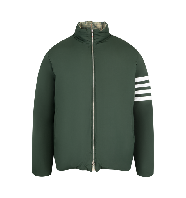 Image 3 of 4 - GREEN - THOM BROWNE Reversible Funnel Neck Down Jacket featuring zip front closure, plaid on one side, green with 4 bar stripe on the other side, stand collar and slit pockets. 100% wool. 100% polyester. Padding: 80% down, 20% feahter. Made in Italy. 