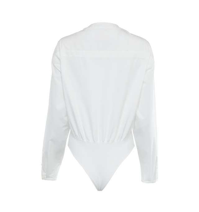Image 2 of 3 - WHITE - ALAIA Shirt Bodysuit featuring plunging neckline body shirt, cinched waist, cheeky culotte in knit and long sleeves. 100% cotton. Made in Italy. 