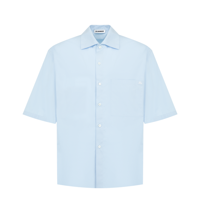 Image 1 of 2 - BLUE - Jil Sander Mens Shirt is crafted from lightweight cotton poplin. Features a boxy fit, flat pointed collar, center-front button closure, single chest pocket with embroidered logo, and a straight hem. Main Material: 100% Cotton. Made in Italy. 