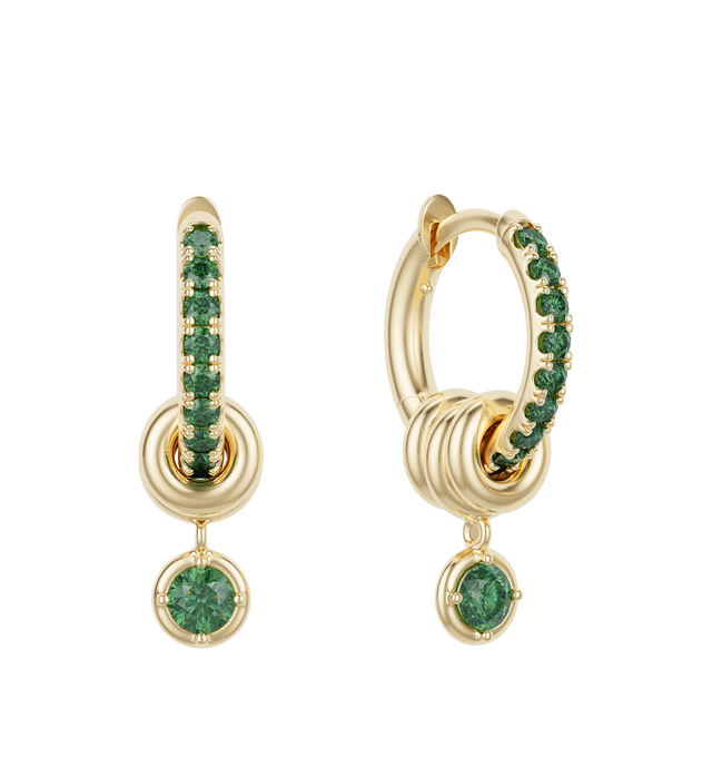 Image 2 of 2 - GOLD - Spinelli Kilcollin Zahra Pav Hoop Earrings display a familiar, streamlined silhouette and comfort closure in 18k gold with pav-set stones. Three annulets adorn each hoop, the center of which bears a drop charm for added contrast and movement. Each Zahra Pav Hoop Earring is individually handmade in Los Angeles. Hoops: 18k yellow gold, 2mm gauge, 9mm internal diameter. Stones: Emeralds (approx. 0.39 cttw). Annulets: 18k yellow gold. Sold as a pair.Hirshleifers offers a range of pieces fr 