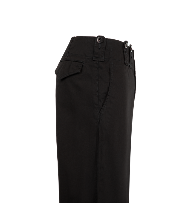 Image 3 of 3 - BLACK - Junya Watanabe Men's Trouser Button Pants feature a tailored trouser-inspired silhouette with distinctive oversized button-tab detailing at the waistband. Designed with a clean, structured profile and utilitarian influences, the style reflects the brand's signature approach of blending classic menswear tailoring with innovative design elements. Main Material: 100% Cotton. Made in Japan. 