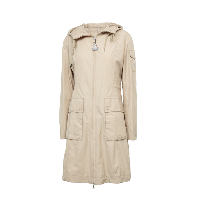 Image 1 of 3 - NEUTRAL - MONCLER Laerte Long Parka featuring poplin technique, hood, zipper closure, patch pockets and waistband with drawstring fastening. 60% polyester, 40% cotton. Made in Moldova.  