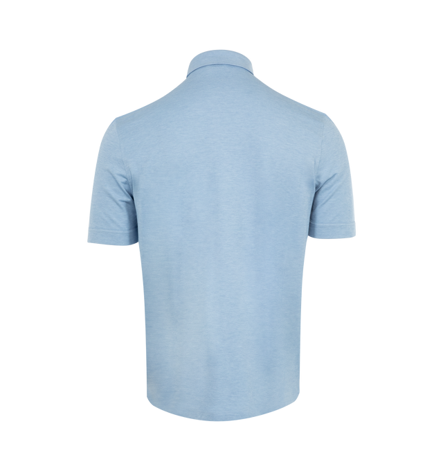 Image 2 of 3 - BLUE - MONCLER Double Leather Logo Cotton Polo Shirt featuring cotton blend piquet, short sleeves, snap button closure and leather logo patch. 50% cotton, 50% lyocell. 