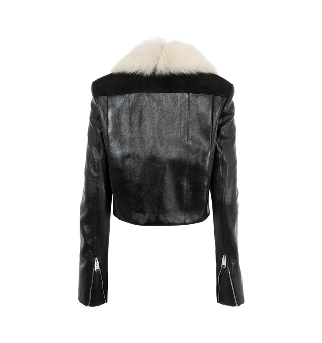 Image 2 of 3 - BLACK - Khaite leather and shearling jacket, available exclusively at Hirshleifers.  Luminous zip-front leather jacket made striking by suede accents and a collar of Toscana shearling. With signature chrome hardware. Heavy shiny lambskin (100% lambskin). 