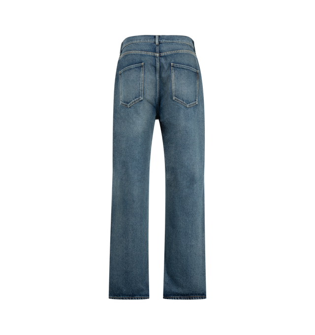 Image 2 of 3 - BLUE - The Row Men's Vanya Jeans are crafted from cotton denim and feature a mid-rise silhouette with a wide leg, contrast topstitching, and classic five-pocket construction. The denim undergoes a brushed treatment to create a naturally aged appearance, followed by a light indigo overdye that enhances tonal variation and adds richness to the color. Main Material: 100% Cotton. Fit: Mid-Rise, Wide Leg. Details: Contrast Topstitching and Five-Pocket Construction. Made in Japan. 