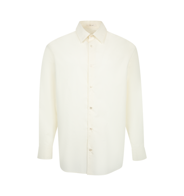 Image 1 of 2 - WHITE - The Row Men's Victor Shirt is crafted from washed cotton-silk poplin and features a relaxed button-up silhouette with a center-back box pleat, curved hem, and rounded sleeve cuffs. Designed with an exposed front placket and mother-of-pearl buttons, this refined wardrobe staple balances the crisp structure of cotton with the soft drape and subtle luster of silk. Main Material: 80% Cotton, 20% Silk. Made in Italy. 