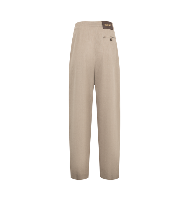 Image 2 of 3 - BROWN - LOEWE Belted trousers in lightweight fluid wool tailoring featuring a gathered front with a leather belt detail, regular fit, regular length, mid waist, straight leg, side zip fastening, seam pockets, buttoned rear jet pocket, pressed creases at the front and LOEWE embossed leather patch placed at the back. Wool. Made in Italy. 