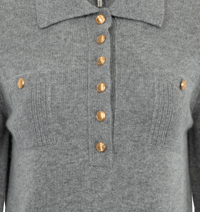 Image 3 of 3 - GREY - Chloe Polo sweater in a wool and cashmere knit with gold-toned metal buttons, chest pockets and a hand-applied signature Marcie buckle at the back. 70% Wool, 30% Cashmere. 