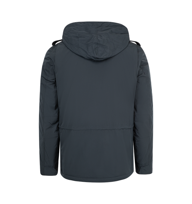 Image 3 of 5 - NAVY - ASPESI Mini Field Jacket in nylon taffeta featuring extra-thermal wad padding, detachable fold-away hood, zip plus hidden button fastening and wind flap, waterproof, four patch pockets, drawstring waist, zipper pull branded with the micro-injected Aspesi logo and slim fit. 100% polyamide. 