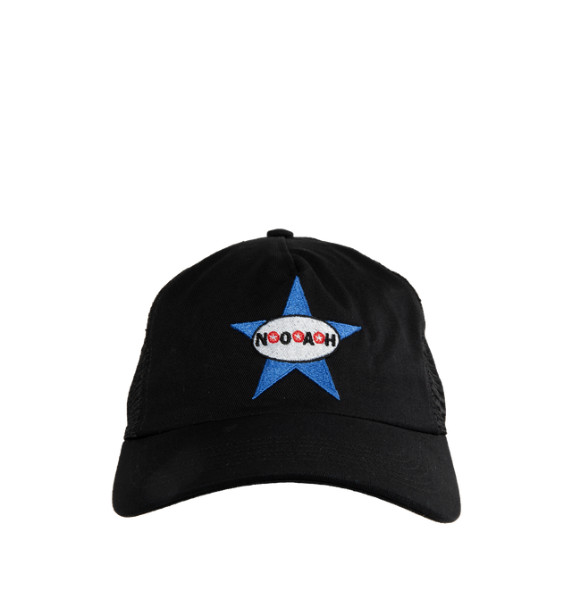 Image 1 of 2 - BLACK - NOAH Always Got The Blues Trucker Hat featuring embroidered eyelets, adjustable snapback closure and embroidered graphic on front. 100% cotton front with mesh back. Made in USA. 