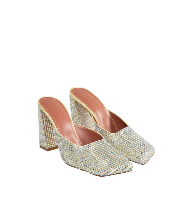 Image 2 of 4 - GOLD - AMINA MUADDI Charlotte Crystal Mule Satin featuring block heel, crystal embellished and square toe. 100% satin. Lining: 100% goat. Sole: 70% leather, 30% rubber.  