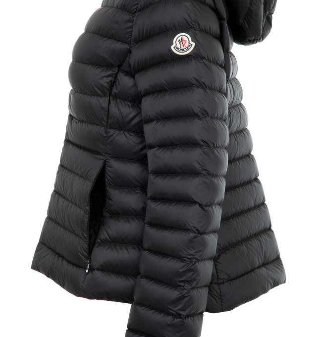 Image 3 of 3 - BLACK - Moncler Women's Ige Short Down Puffer Jacket has an attached hood, a 2-way zip front, an embroidered logo patch, side pockets, and a classic fit. Down fill. Nylon, polyamide exterior.  