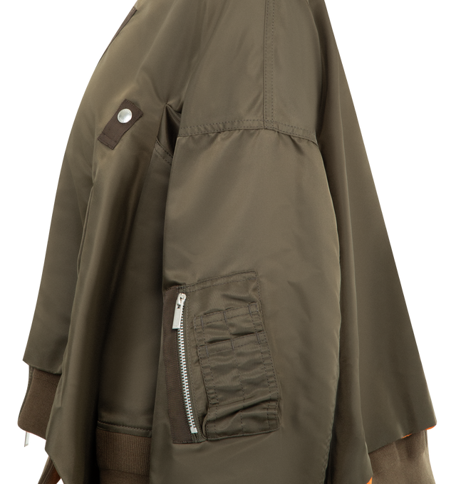 Image 3 of 3 - GREEN - SACAI Nylon Twill Jacket featuring boxy silhouette, cropped length, layered construction, zip front closure and stand collar. Nylon/polyamide/cotton/wool. 