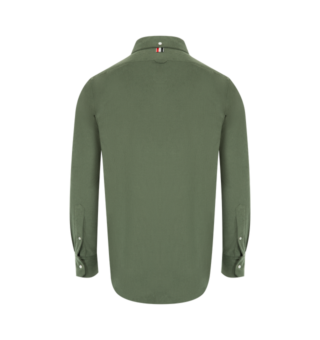 Image 2 of 2 - GREEN - THOM BROWNE Wale Corduroy Shirt featuring front button closure, chest patch pocket, nametag applique, pleated back yoke with locker loop, signature striped grosgrain loop tab and straight fit. 100% cotton. Made in Italy. 