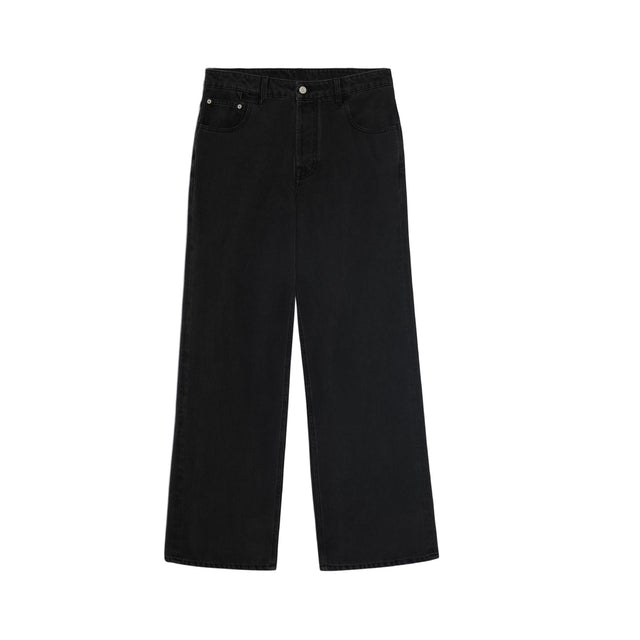 Image 1 of 1 - BLACK - JACQUEMUS Le de-Nmes Large Jeans featuring wide-leg, non-stretch regenerative cotton-blend, fading throughout, belt loops, five-pocket styling, button-fly, jacron logo patch at back waistband and logo-engraved silver-tone hardware. 52% regenerative cotton, 48% cotton. Made in Italy.