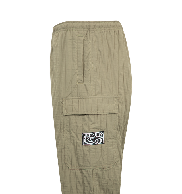 Image 3 of 3 - GREEN - PLEASURES Rescue Pleated Cargo Pants featuring elastic waist, drawstring, two side pockets, one back welt pocket and flap cargo pocket on leg.  