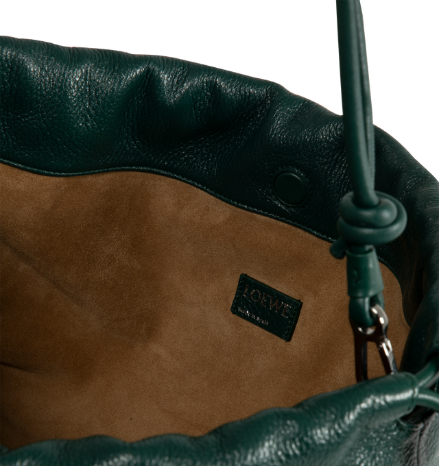 Image 4 of 4 - GREEN - Loewe Large Flamenco purse in deerskin featuring a ruched design complemented by signature knots at the sides, shoulder, crossbody or hand carry, detachable and adjustable leather strap, detachable donut chain with an Anagram Pebble, magnetic closure, suede lining and silver embossed LOEWE.Height 10.2 X Width 16.1 X Depth 3.5 inches. Made in Spain.  