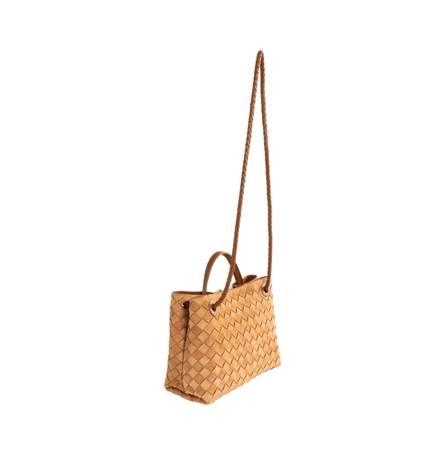 Image 3 of 4 - BROWN - Bottega Veneta Andiamo Bag has a magnetic closure, a sliding cross-body strap, an interior zip pocket, 2 interior open pockets, and brass-finished hardware. 7.9" x 9.8" x 3.9". Calfskin. Made in Italy.  