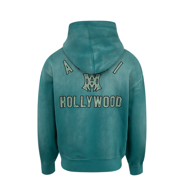 Image 2 of 2 - GREEN - Amiri MA Hollywood Hoodie has an attached hood, an oversized fit, a core logo embroidered on the chest and at the back, ribbed trims, and a kangaroo pocket. 100% cotton. Made in Italy.  