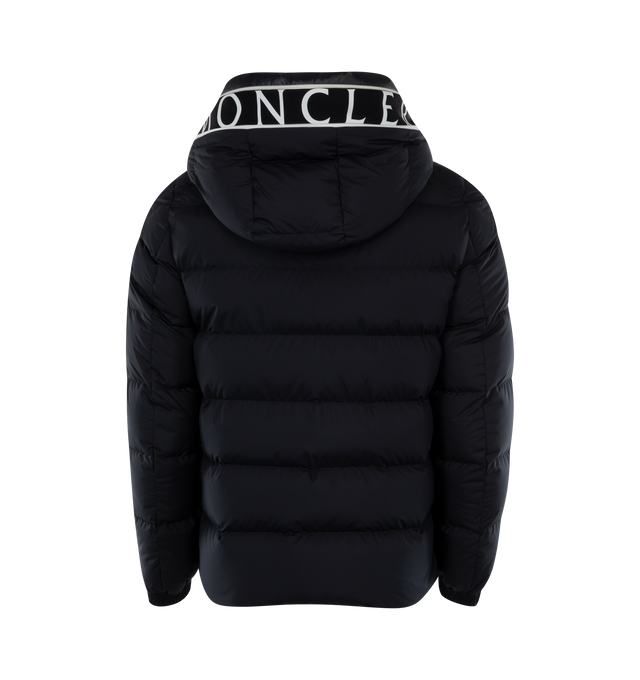 Image 2 of 3 - NAVY - MONCLER Cardere Short Down Jacket featuring recycled polyester lining, down-filled, adjustable hood with logo lettering and zipper closure, zipper closure, zipped pockets and adjustable cuffs. 100% polyester. Padding: 90% down, 10% feather. 