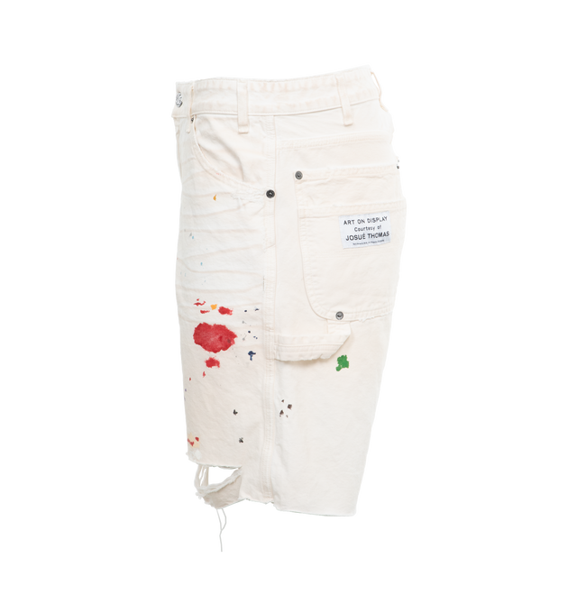 Image 3 of 4 - WHITE - GALLERY DEPT. Flea Carpenter Short featuring belt loops, hand panited, distressing, raw hem and zip and button fly. 100% cotton. 