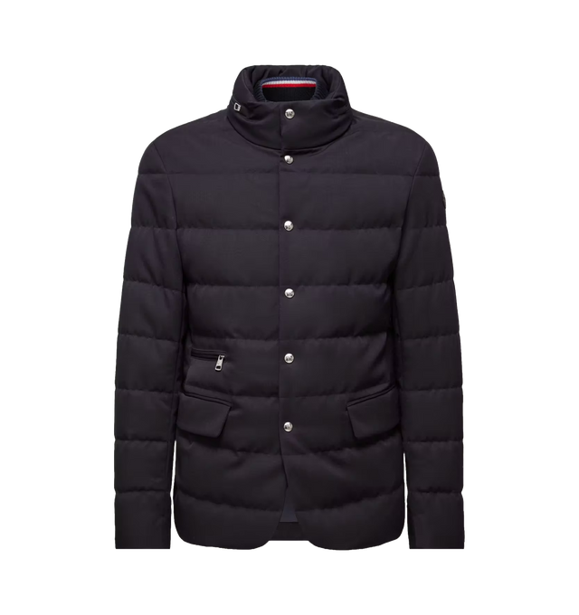 Image 1 of 1 - NAVY - Moncler Men's Bess Hooded Wool Short Down Jacket is crafted from virgin wool and features a slim-fit silhouette, down-filled insulation, and a streamlined design that transitions effortlessly from business attire to everyday wear. Designed with a stand collar, a concealed pull-out hood, and a zip-and-snap-button front closure, this refined puffer is finished with flap pockets and a signature leather logo patch. Main Material: 100% Virgin Wool. Hem Rib: 100% Virgin Wool. Collar Rib: 100 