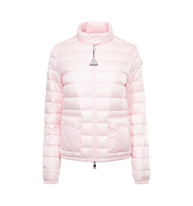 PINK - MONCLER Lans Short Down Jacket featuring tech fabric with down fill, standup collar featuring snap buttons, zip-up closure, flap pockets and logo patch at sleeve. 100% polyamide/nylon. Padding: 90% down, 10% feather. Made in Armenia.