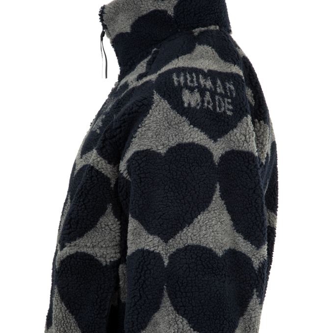 Image 3 of 3 - GREY - HUMAN MADE Heart Fleece Jacket featuring soft polyester fabric, all-over heart logo motif, stand collar, zip closure, two front pockets and ribbed cuffs and side hem. 100% polyester. 