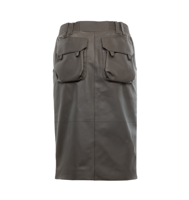 Image 2 of 3 - GREY - SAINT LAURENT Pencil Skirt featuring high waist, back cargo pockets, silk lining, concealed front button closure with zip fly, two slash pockets and waistband with belt loops. 100% lambskin.   