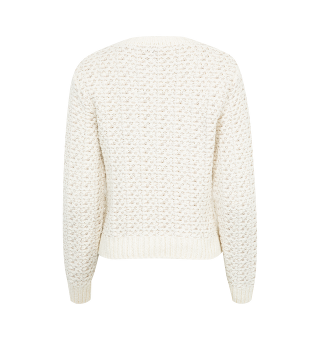 Image 2 of 3 - WHITE - Moncler Textured Cotton Sweater has a crew neck, fully fashioned woven stitches, and a signature logo patch on the arm. Cotton and viscose blend. Made in Romania.  