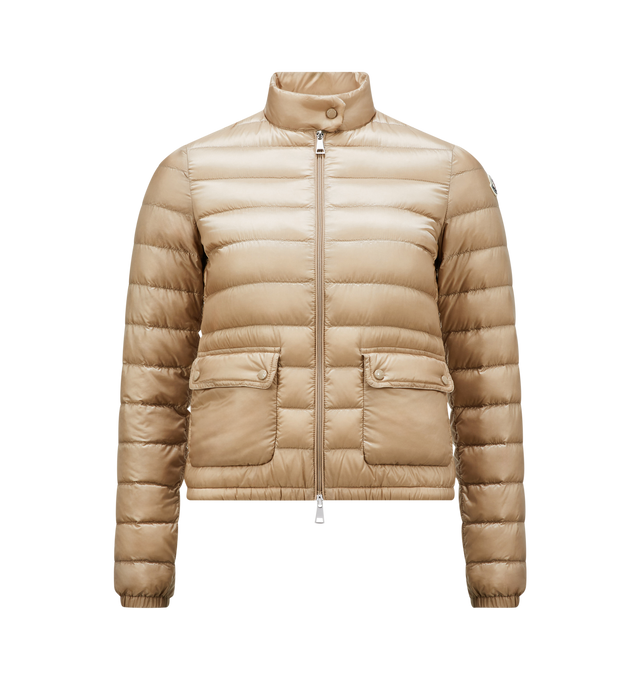 Image 1 of 2 - BROWN - MONCLER Lans Short Down Jacket featuring tech fabric with down fill, standup collar featuring snap buttons, zip-up closure, flap pockets and logo patch at sleeve. 100% polyamide/nylon. Padding: 90% down, 10% feather. Made in Armenia. 