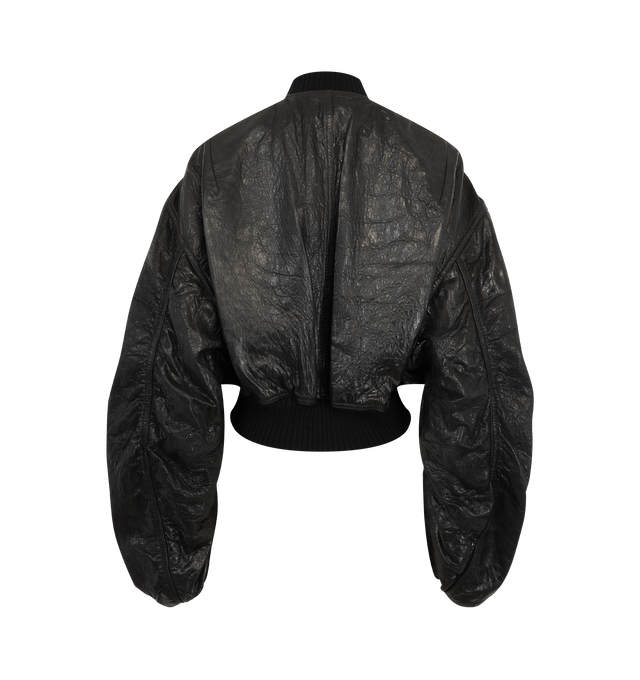 Image 2 of 3 - BLACK - Rick Owens Womens Secchia Flight Jacket is crafted from a textured leather material. Features an oversized fit, gathered long sleeves, ribbed collar, cuffs and hem, front zip closure, flap snap side pockets, two internal zip pockets, and full lining. Main Main Material: 100% Leather. Made in Italy. 