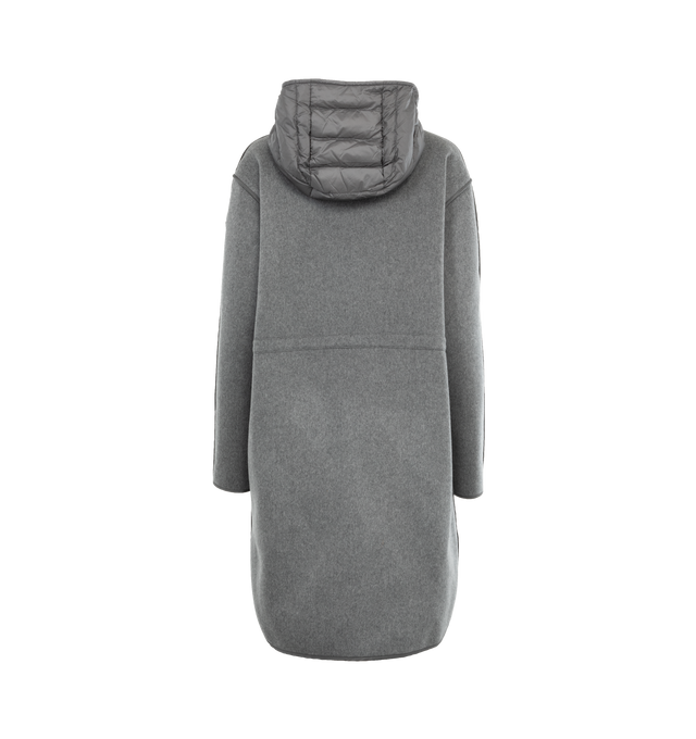 Image 2 of 2 - GREY - Moncler Bonrepos Long Coat has a removable inner jacket with a zipper closure along with a longue saison lining and a drawstring waist. This jacket is down filled with a snap button front closure, zipped pockets, and hood. 88% wool, 11% cashmere, 1% polyamide. Fill: 90% down, 10% feahter. Made in Romania.  