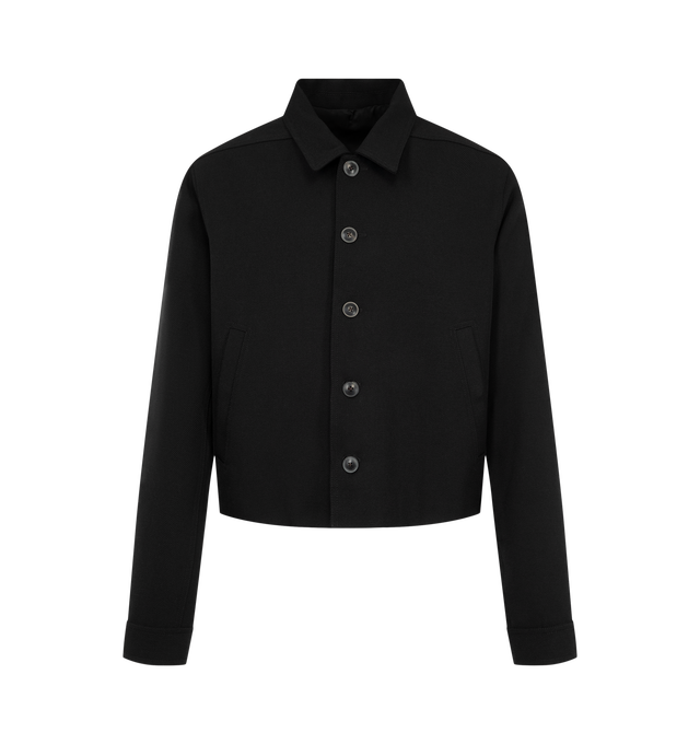 Image 1 of 2 - BLACK - Rick Owens Mens Buttoned Brad Jacket is crafted from heavyweight wool melton. Features a straight fit, hip-length silhouette, classic collar, five-button front closure, diagonal welt pockets, buttoned cuffs, concealed zip pocket at the left forearm, signature level shoulder seams, cotton webbing strap with rivet detail at the back yoke, full lining, and two internal zip pockets. Main Material: 100% Virgin Wool; Front & Pocket Lining: 100% Cotton; Back & Sleeve Lining: 100% Cupro; Padd 
